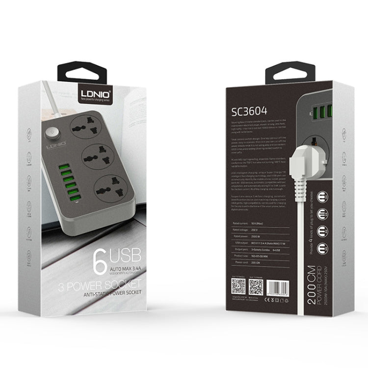LDNIO SC3604 multipresa 6 porte USB 3 prese 2 m cavo