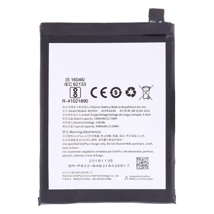 3300 mAh BLP633 lithium polymer battery for OnePlus 3T, For OnePlus 3T