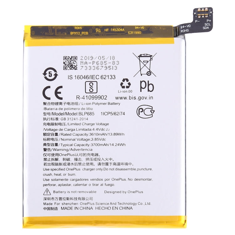 Batteria ai polimeri di litio OnePlus 6T BLP685 da 3610 mAh, For OnePlus 6T