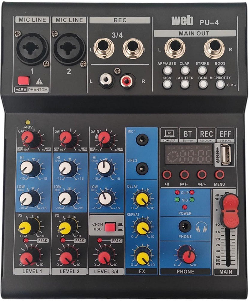 Mixer audio 4 canali USB Bluetooth con effetti DSP SP468