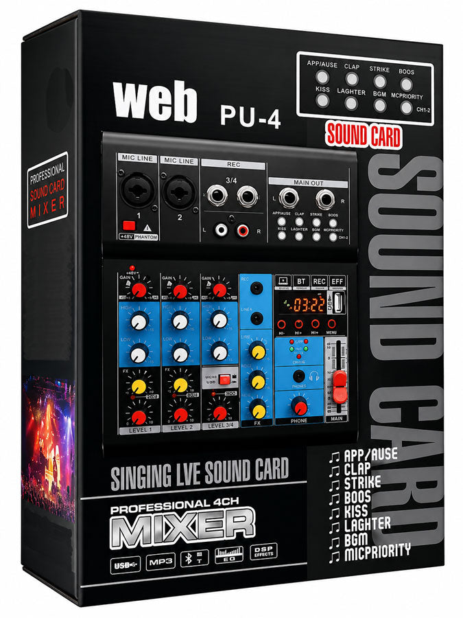 Mixer audio 4 canali USB Bluetooth con effetti DSP SP468