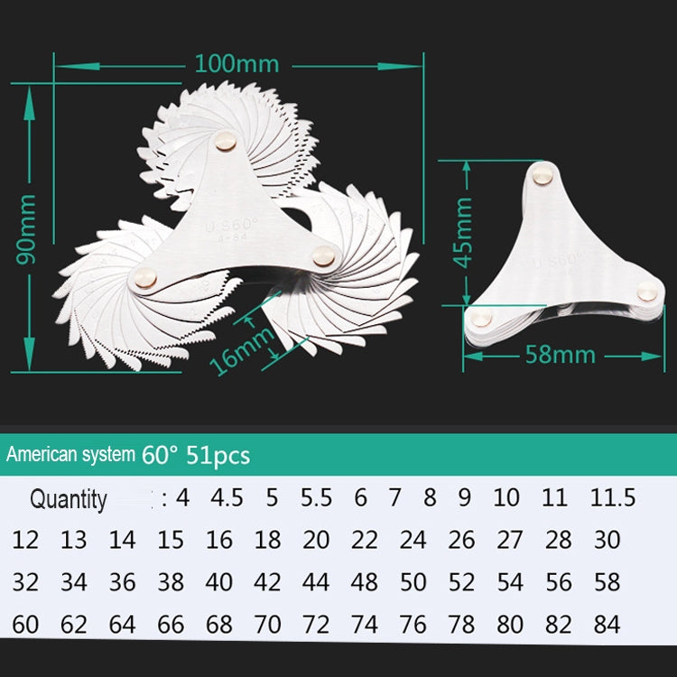 51 pz. Lame per filettatura con passo della vite USA Calibro per filettatura in acciaio inossidabile CR da 60 gradi, 51 PCS Thread Gauge
