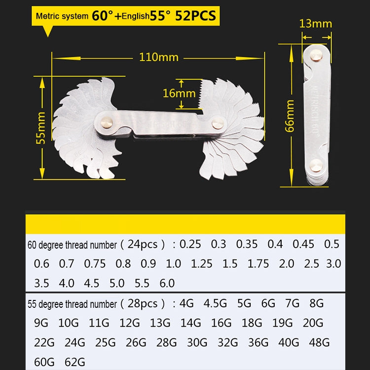 52 pezzi metrico 60 gradi + calibro per filettatura in acciaio inossidabile CR britannico da 55 gradi, 52 PCS Thread Gauge