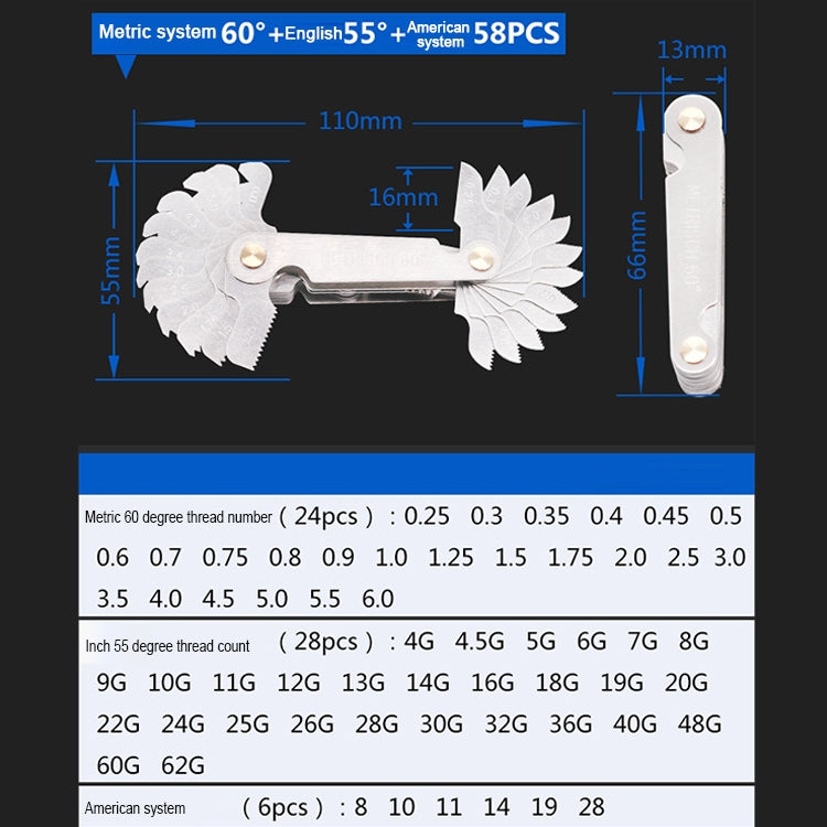 58 pezzi metrico 60 gradi + calibro per filettatura in acciaio inossidabile CR britannico da 55 gradi, 58 PCS Thread Gauge