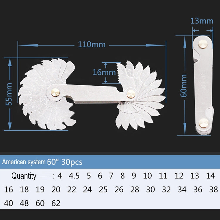 Calibro per filettatura in acciaio inossidabile CR da 60 gradi da 30 pezzi con passo della vite USA, 30 PCS Thread Gauge