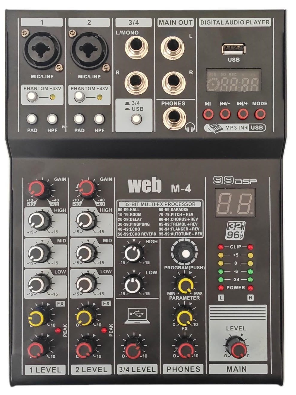 Mixer audio 4 canali WEB M-4 con USB MP3 Bluetooth e 99 effetti DSP SP677