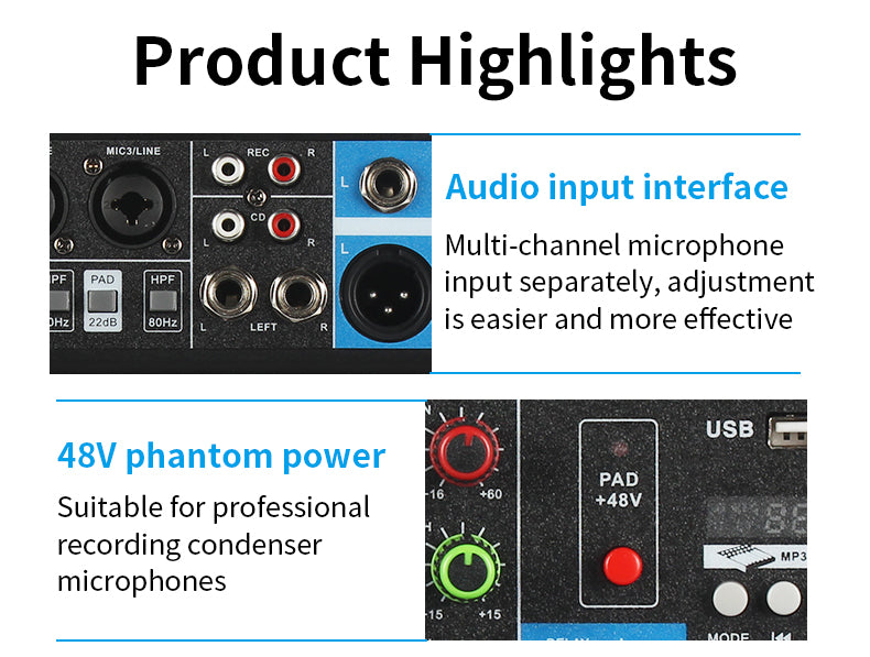 Mixer professionale 5 canali ingressi Bluetooth/USB/Stereo RCA con alimentazione phantom 48V F-5A SP695