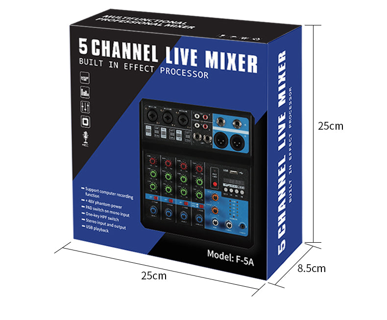 Mixer professionale 5 canali ingressi Bluetooth/USB/Stereo RCA con alimentazione phantom 48V F-5A SP695