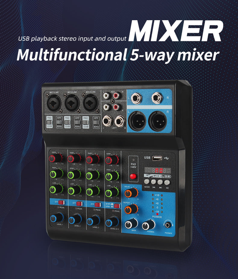 Mixer professionale 5 canali ingressi Bluetooth/USB/Stereo RCA con alimentazione phantom 48V F-5A SP695