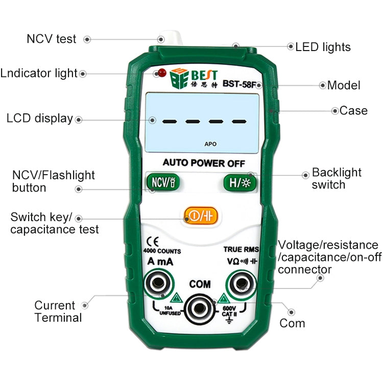 MIGLIOR multimetro a gamma completamente automatica BST-58F senza spostamento, identificazione intelligente, multimetro digitale, mini strumento elettrico per uso domestico