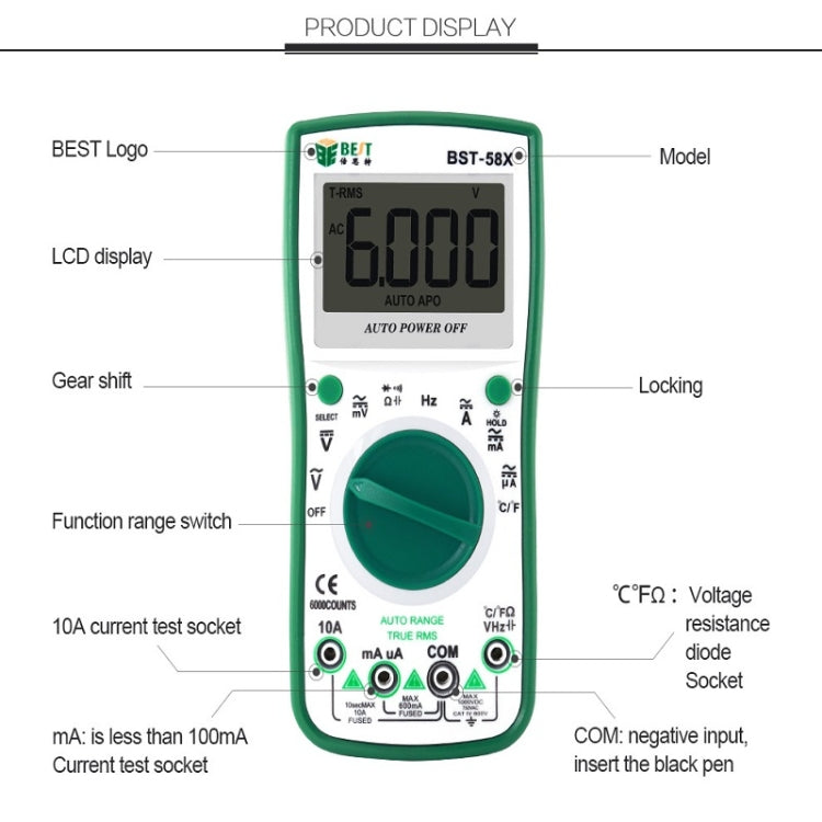 BEST BST-58X Multifunction Digital Multimeter Auto Range Four-Position Semi-Backlit Display Intelligent Anti-Combustion