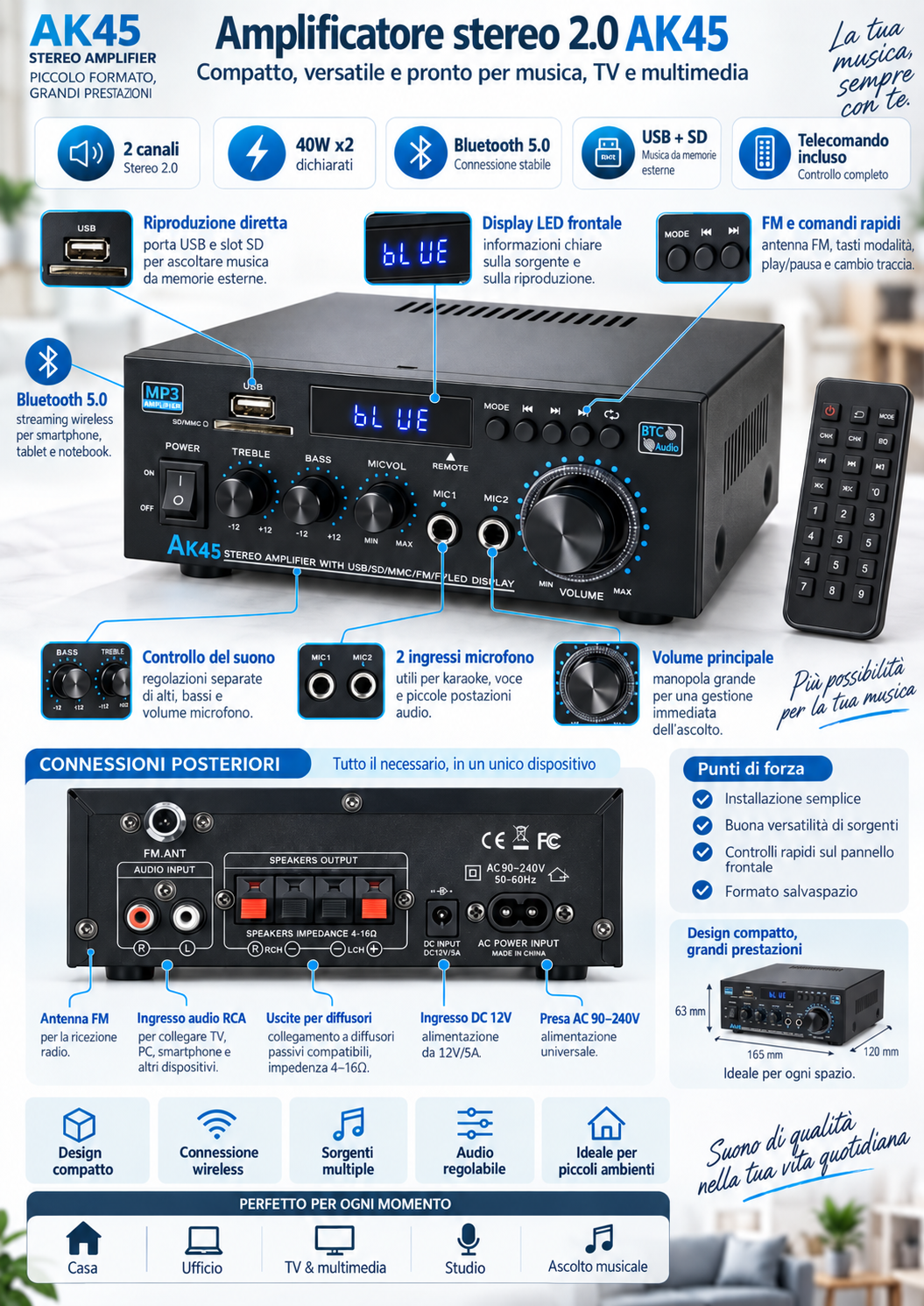 Amplificatore stereo 2.0 350Wx2 Bluetooth USB SD SP932
