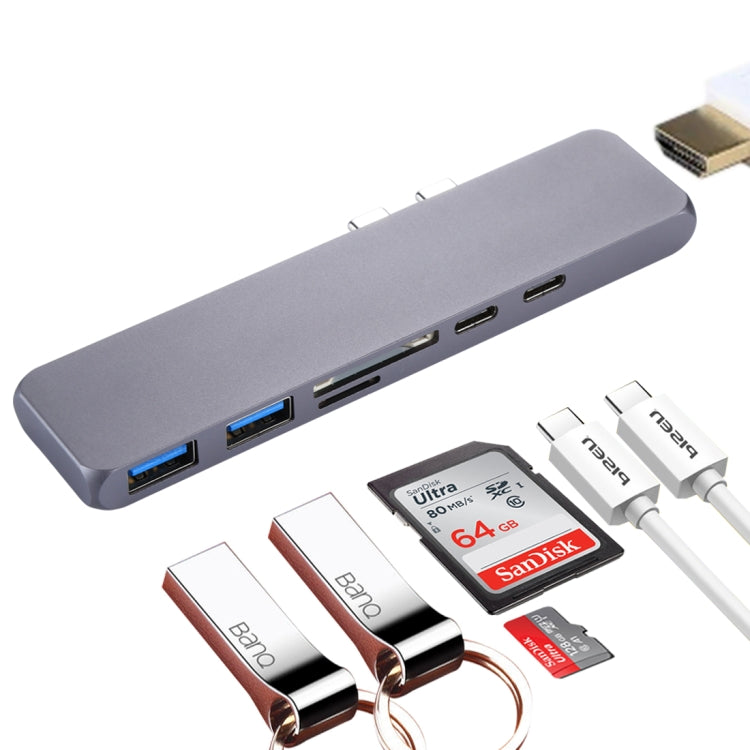 Adattatore HUB doppio USB-C/Type-C multifunzione in lega di alluminio con HDMI femmina e 2 porte USB 3.0 e 2 porte USB-C/Type-C e slot per scheda SD e slot per scheda TF, HDMI+2xUSB 3.0+2xType-C+Micro SD+SD