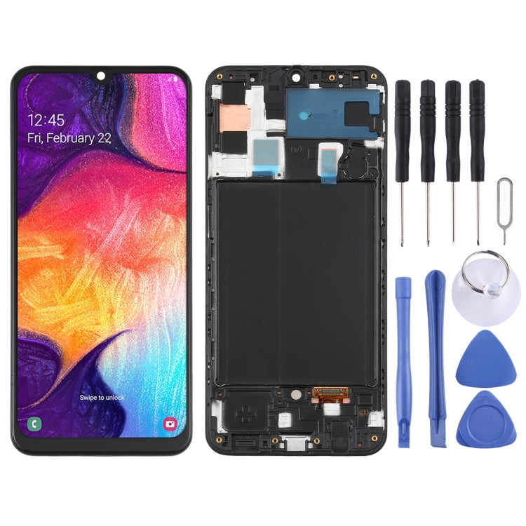 Schermo LCD Super AMOLED originale per Galaxy A50 Digitizer assemblaggio completo con cornice, For Samsung Galaxy A50