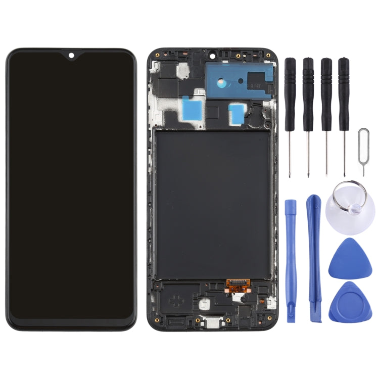 Schermo LCD originale in materiale Super AMOLED e digitalizzatore assemblaggio completo con cornice per Galaxy A20, For Samsung Galaxy A20 (Super AMOLED)