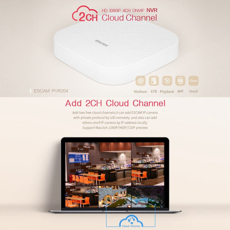 ESCAM PVR204 NVR 1080P 4CH+2CH ONVIF Videoregistratore digitale