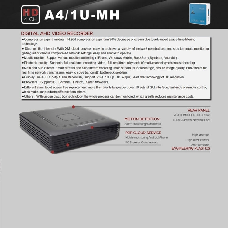 A4/1U-MS 1080N Certificato CE e RoHS 1/4 Anteprime dello schermo pollici AHD DVR Videoregistratore digitale, A4/1U-MS, A4/1U-MH