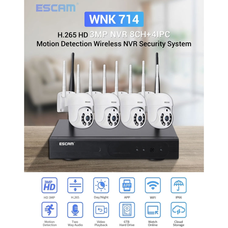 ESCAM WNK714 Kit di monitoraggio wireless NVR per telecamera dome HD a 4 canali da 3,0 milioni di pixel, spina AU, SPC0100AU, SPC0100EU, SPC0100UK, SPC0100US