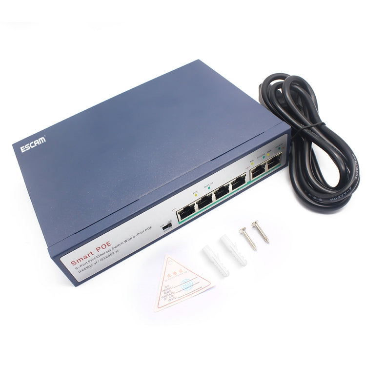 Switch Fast Ethernet ESCAM POE 4+2 a 6 porte Switch di rete POE a 4 porte 10/100M 120W, distanza di trasmissione: 150 m, 6 Ports
