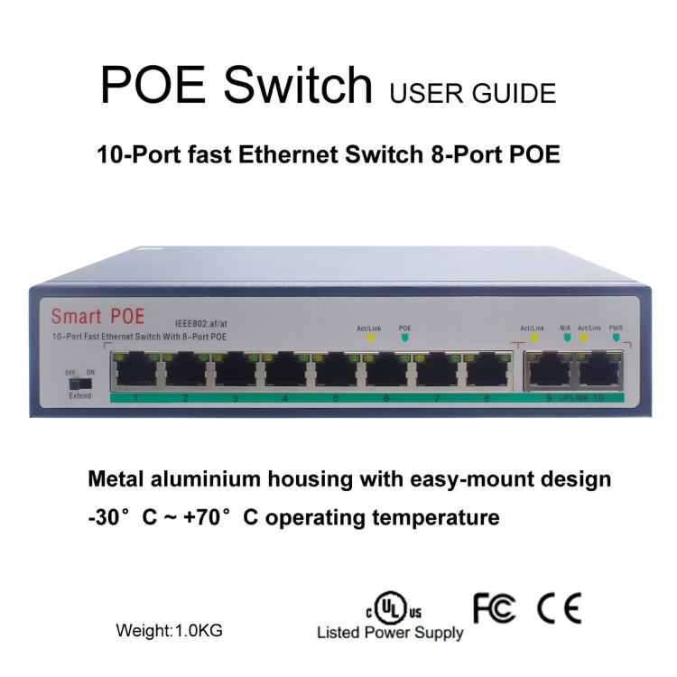 Switch Fast Ethernet ESCAM POE 8+2 a 10 porte Switch di rete POE 10/100M 120W a 8 porte, distanza di trasmissione: 150 m, 10 Ports