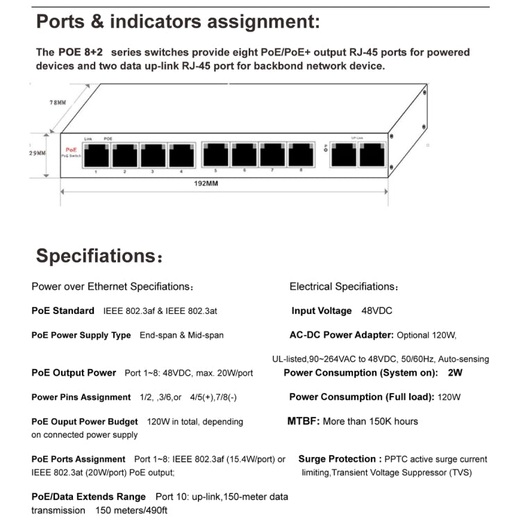 Switch Fast Ethernet ESCAM POE 8+2 a 10 porte Switch di rete POE 10/100M 120W a 8 porte, distanza di trasmissione: 150 m, 10 Ports