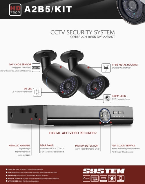 Kit DVR AHD 720P con 2 Telecamere Bullet IR 20m