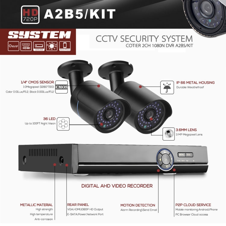 A4B5 Kit DVR AHD a 4 canali 720P 1.0 Mega Pixel 4 telecamere bullet AHD, supporto visione notturna/rilevamento movimento, distanza IR: 20 m, A4B5 Kit