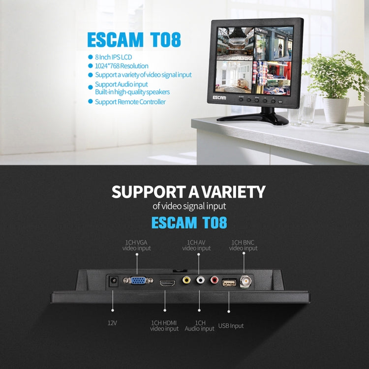 Monitor ESCAM T08 LCD TFT da 8 pollici 1024x768 con VGA, HDMI, AV, BNC e USB per PC CCTV Security, T08