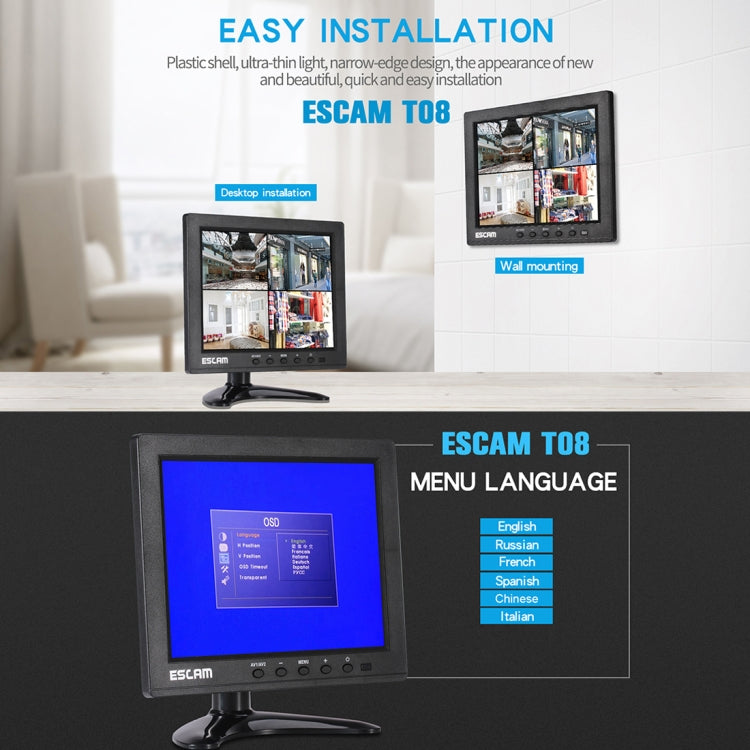 Monitor ESCAM T08 LCD TFT da 8 pollici 1024x768 con VGA, HDMI, AV, BNC e USB per PC CCTV Security, T08