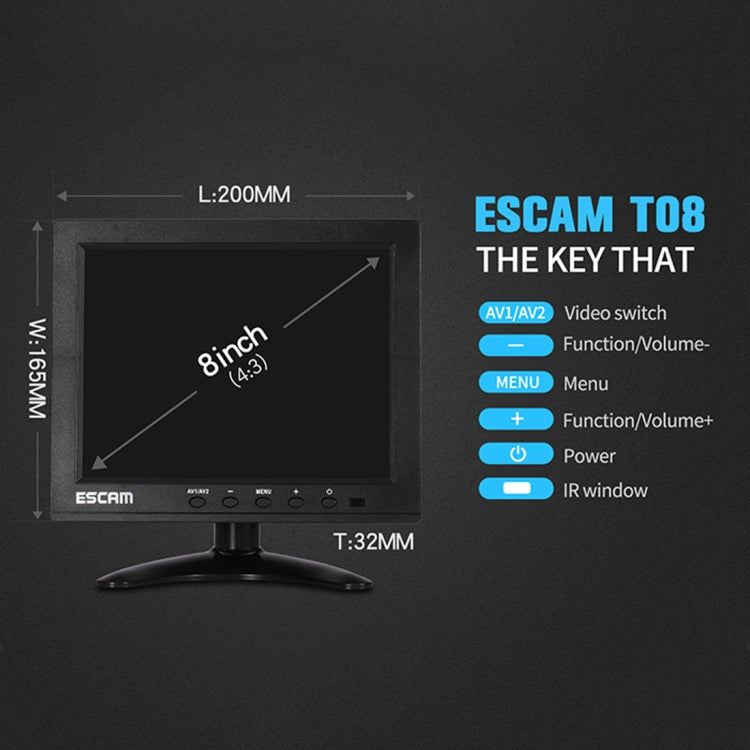 Monitor ESCAM T08 LCD TFT da 8 pollici 1024x768 con VGA, HDMI, AV, BNC e USB per PC CCTV Security, T08