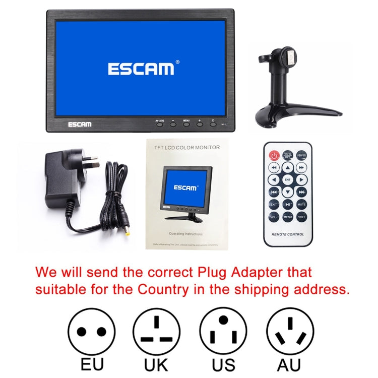 Monitor ESCAM T10 LCD TFT da 10,0 pollici 1024x600 con VGA, HDMI, AV, BNC e USB per la sicurezza CCTV del PC, T10