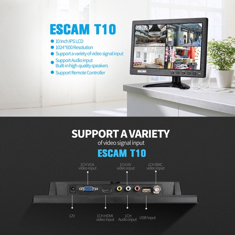 Monitor ESCAM T10 LCD TFT da 10,0 pollici 1024x600 con VGA, HDMI, AV, BNC e USB per la sicurezza CCTV del PC, T10