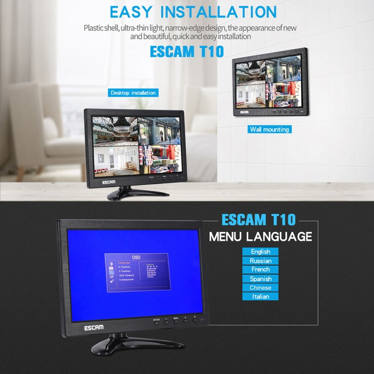 Monitor ESCAM T10 LCD TFT da 10,0 pollici 1024x600 con VGA, HDMI, AV, BNC e USB per la sicurezza CCTV del PC, T10