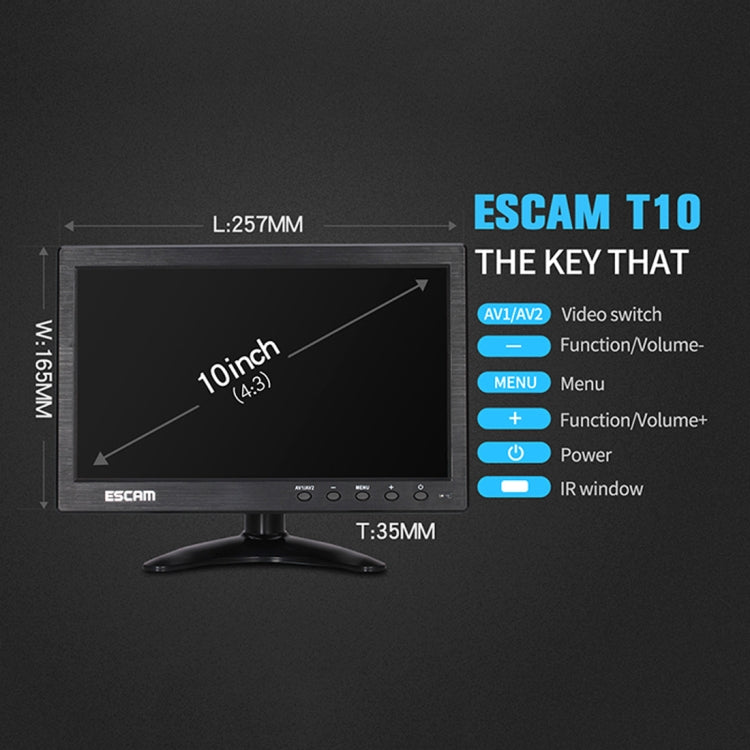 Monitor ESCAM T10 LCD TFT da 10,0 pollici 1024x600 con VGA, HDMI, AV, BNC e USB per la sicurezza CCTV del PC, T10