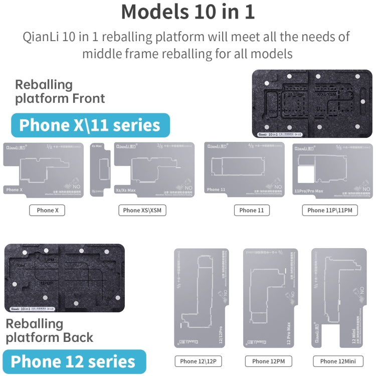 Qianli 10 in 1 Reballing Platform with Midframe for iPhone X / XS / XS Max / 11/11 Pro / 11 Pro Max / 12/12 Pro / 12 mini / 12 Pro Max, For iPhone X-12 Pro Max