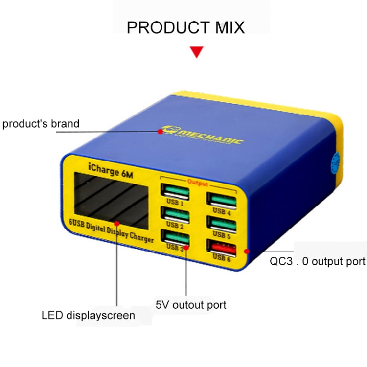 Supporto per caricabatterie intelligente USB icharge 6M QC 3.0 meccanico Ricarica rapida con display LCD, spina europea, icharge 6M