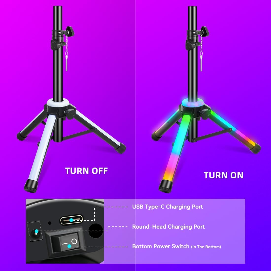 Stativo per casse acustiche con illuminazione LED RGB altezza massima 190 cm ST-LED200