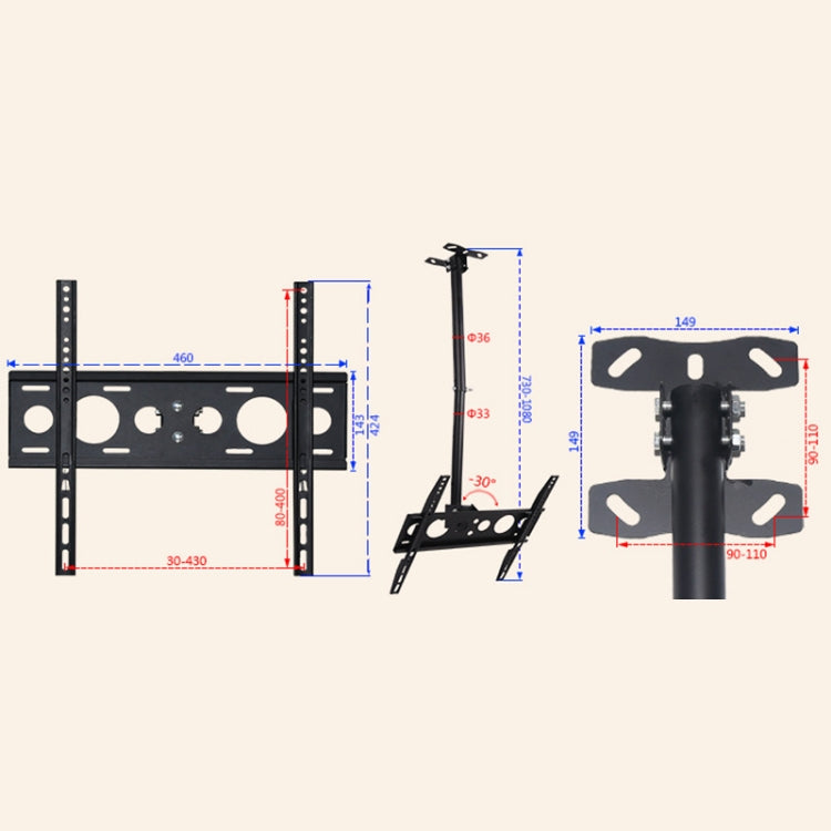 Staffa a doppio uso per montaggio a parete a soffitto per TV a schermo singolo regolabile in altezza e angolazione universale da 32-70 pollici, portata retrattile: 0,5-2 m, 32-70 inch