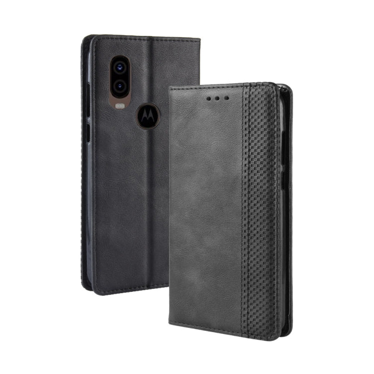 Custodia in pelle a vibrazione orizzontale con struttura retrò Crazy Horse con fibbia magnetica per Motorola One Vision, con supporto, slot per schede e cornice per foto, For MOTO One Vision