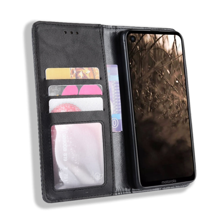 Custodia in pelle a vibrazione orizzontale con struttura retrò Crazy Horse con fibbia magnetica per Motorola One Vision, con supporto, slot per schede e cornice per foto, For MOTO One Vision