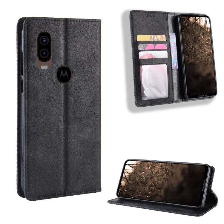 Custodia in pelle a vibrazione orizzontale con struttura retrò Crazy Horse con fibbia magnetica per Motorola One Vision, con supporto, slot per schede e cornice per foto, For MOTO One Vision