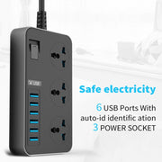 T09 Jack universale internazionale a 3 fori plug-in multifunzione ad alta potenza da 3000 W + 6 ricarica intelligente USB, EU PLUG, US PLUG, UK PLUG