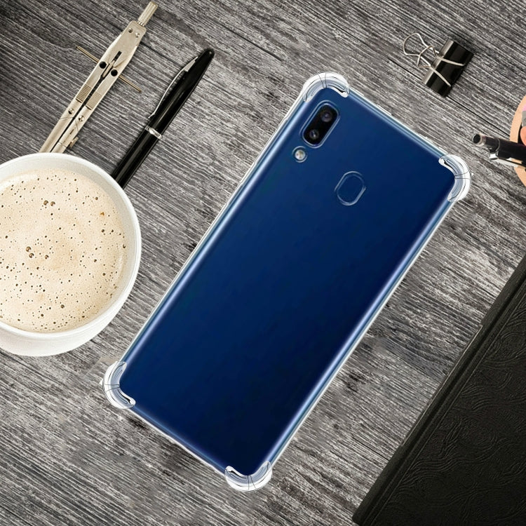 Per Samsung Galaxy A20 Custodia per telefono in TPU trasparente ultra sottile anti-caduta a quattro angoli