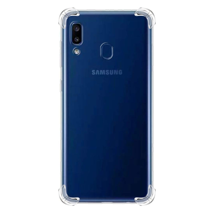 Per Samsung Galaxy A20 Custodia per telefono in TPU trasparente ultra sottile anti-caduta a quattro angoli