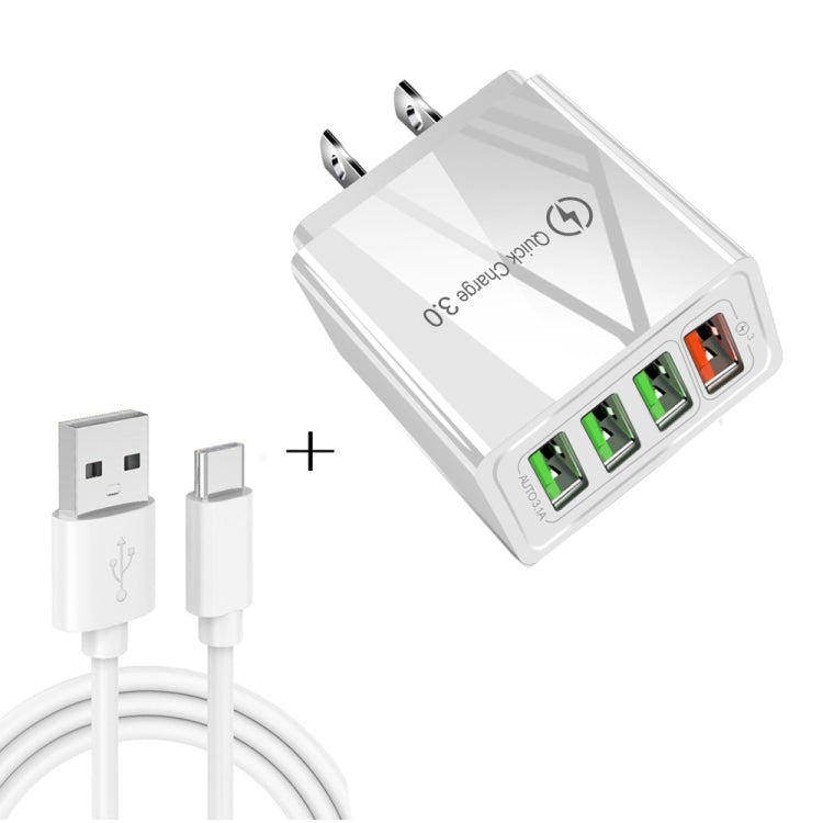 Cavo dati 2 in 1 da USB a USB-C / Type-C + 30 W QC 3.0 4 interfacce USB Telefono cellulare Tablet PC Caricabatterie rapido universale Set caricabatterie da viaggio, spina USA, USB-C / Type-C Set US Plug