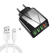 Cavo dati 2 in 1 da USB a USB-C / Type-C + 30 W QC 3.0 4 interfacce USB Telefono cellulare Tablet PC Caricabatterie rapido universale Set caricabatterie da viaggio, presa EU, USB-C / Type-C Set EU Plug