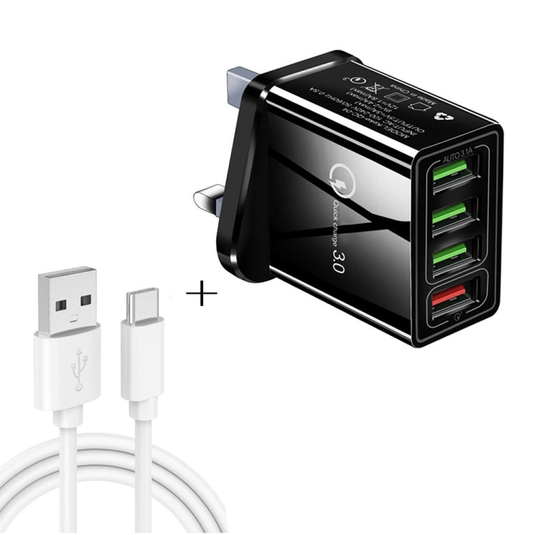 2 in 1 Cavo dati da USB a USB-C / Type-C da 1 m + 30 W QC 3.0 4 interfacce USB Telefono cellulare Tablet PC Caricabatterie rapido universale Set caricabatterie da viaggio, spina UK, USB-C / Type-C Set UK Plug