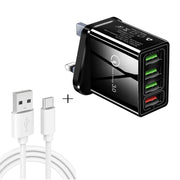 2 in 1 Cavo dati da USB a USB-C / Type-C da 1 m + 30 W QC 3.0 4 interfacce USB Telefono cellulare Tablet PC Caricabatterie rapido universale Set caricabatterie da viaggio, spina UK, USB-C / Type-C Set UK Plug