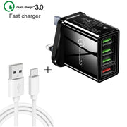 2 in 1 Cavo dati da USB a USB-C / Type-C da 1 m + 30 W QC 3.0 4 interfacce USB Telefono cellulare Tablet PC Caricabatterie rapido universale Set caricabatterie da viaggio, spina UK, USB-C / Type-C Set UK Plug