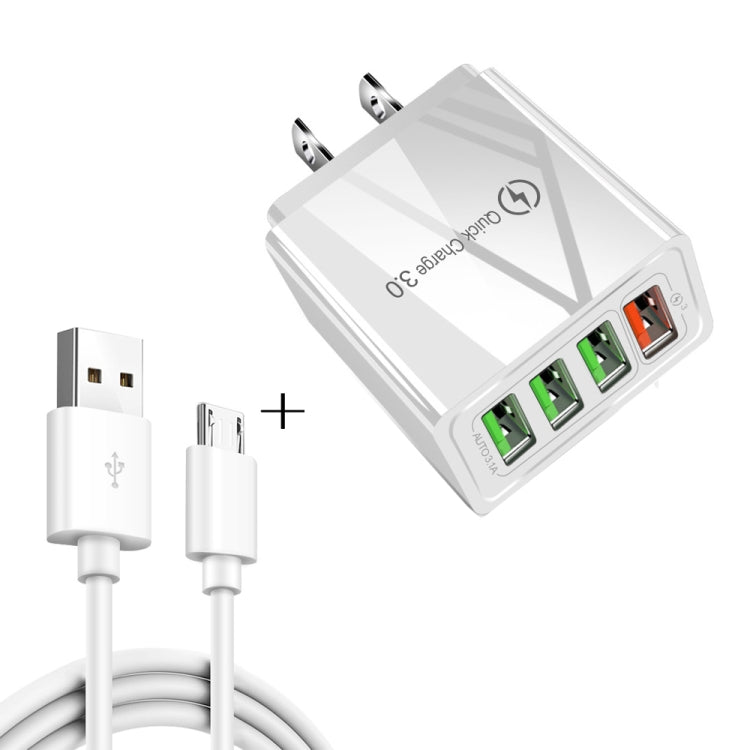 Cavo dati da USB a micro USB 2 in 1 da 1 m + 30 W QC 3.0 4 interfacce USB Telefono cellulare Tablet PC Caricabatterie rapido universale Set caricabatterie da viaggio, spina USA, Micro USB Set US Plug